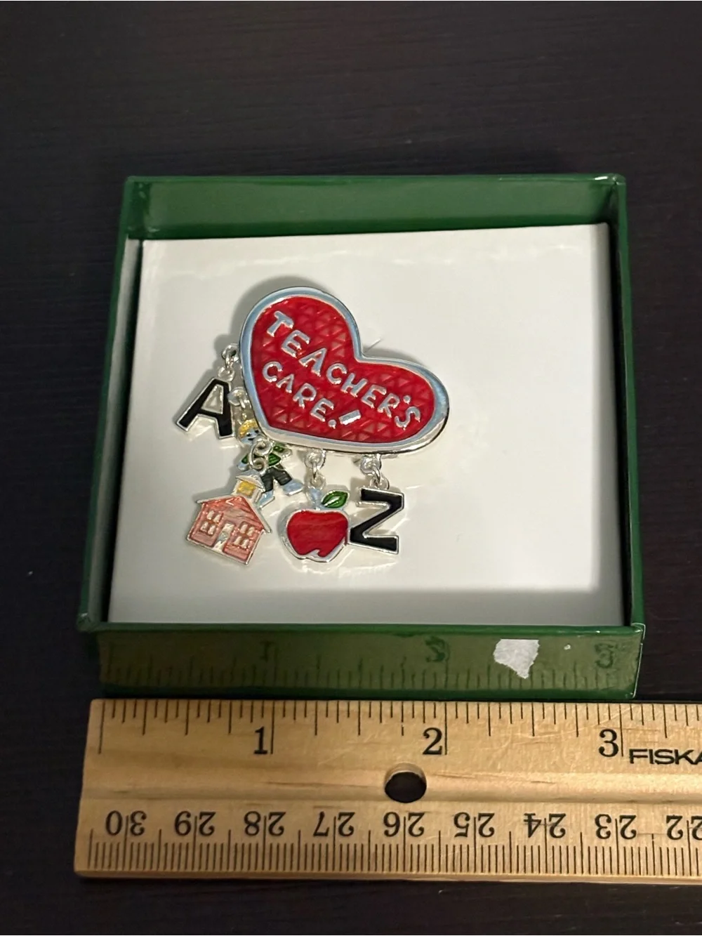 Teacher's Care Brooch red enamel heart with dangling charms. New in box.